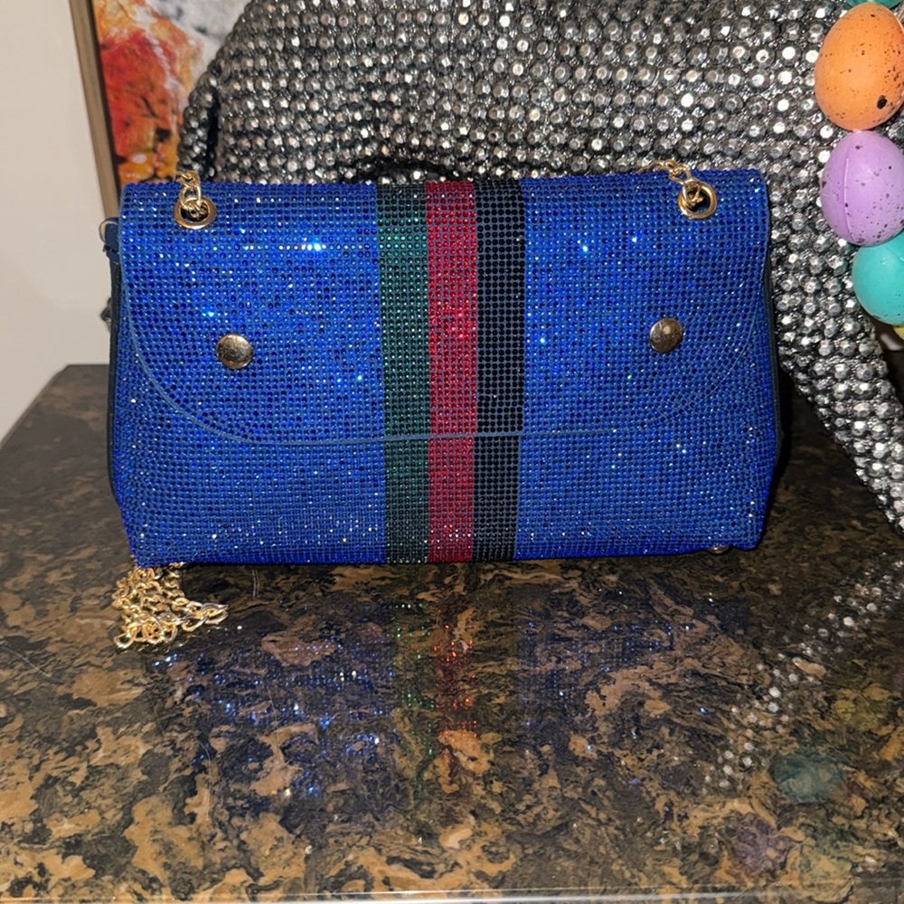 Blue Rhinestone Chain-Strap Clutch with Stripe Detail
